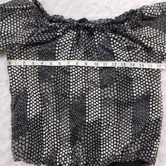 White House Black Market off the shoulder grey polka dot blouse with elastic wai - Picture 3 of 8